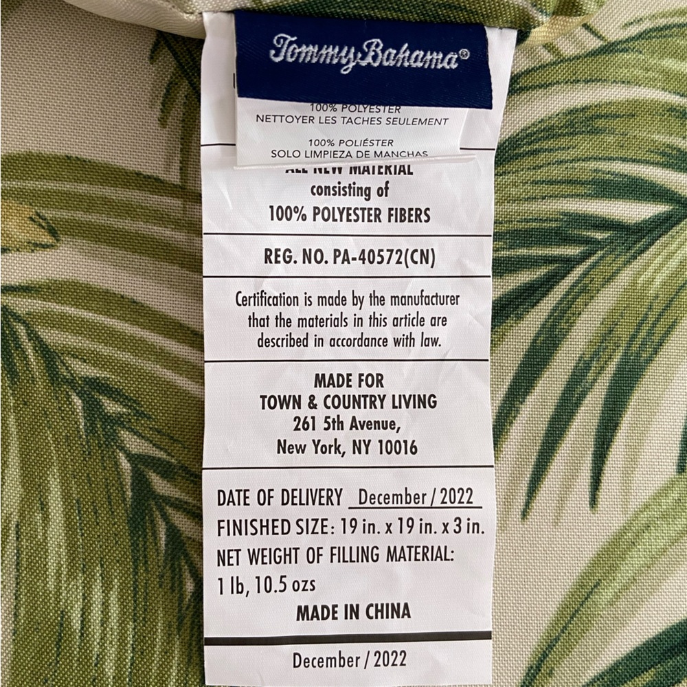 Tommy Bahama Cream Cushion with Green Tropical Palm Print - Picture 4 of 5